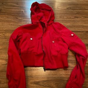 red cropped, zip up sweater